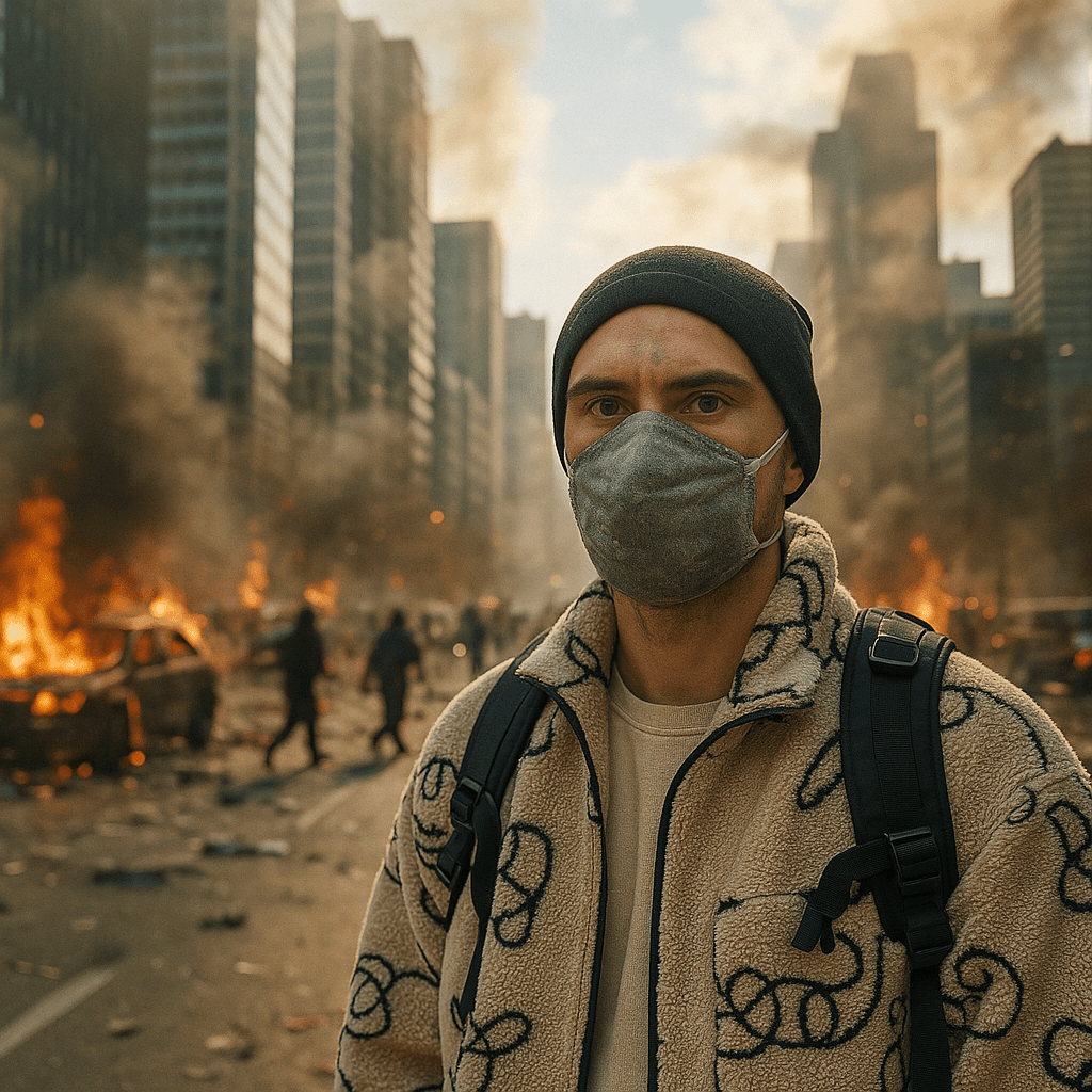 A person that stands in front of collapsed city in chaos