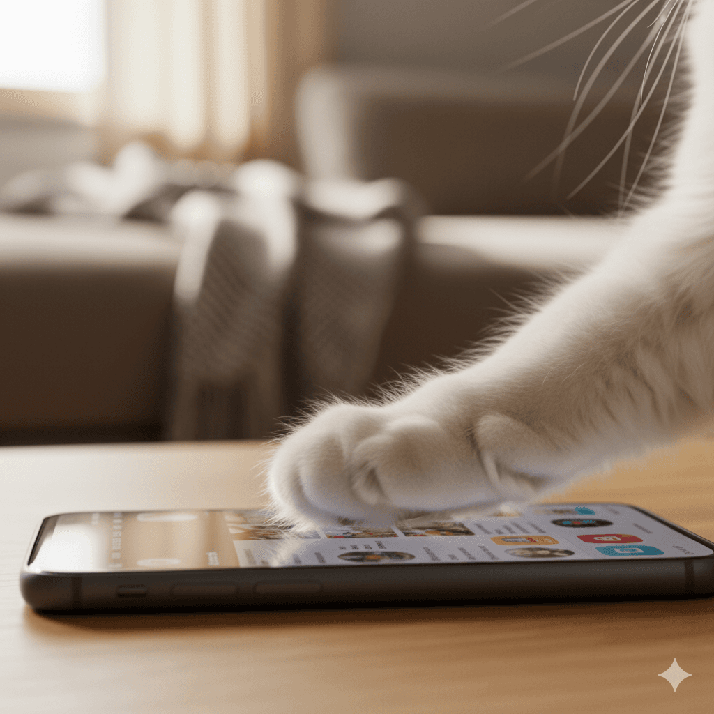 Cats paw swiping smartphone