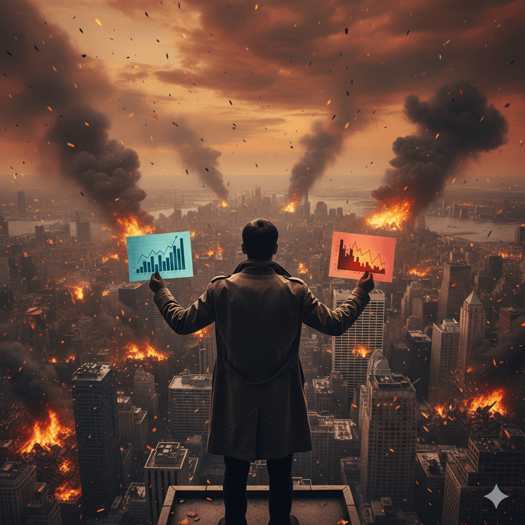 A man standing at the top of a skyscraper holding two papers with graphs on it