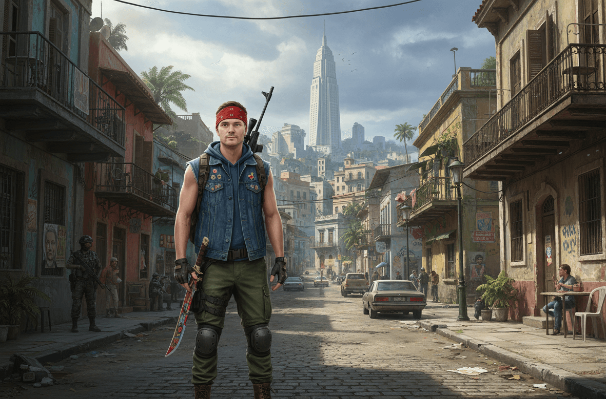 A man posing as fictional character standing in the Far Cry 6 scene in the Esperanza city