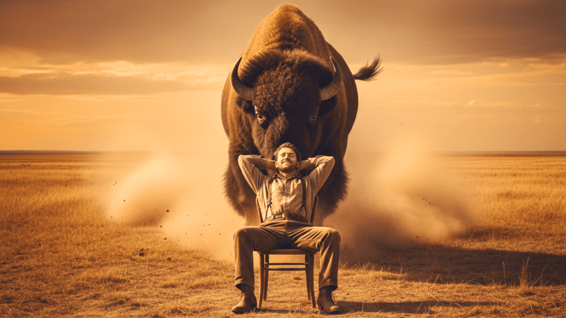 A man sitting on a chair on a wild field when a bull runs towards him