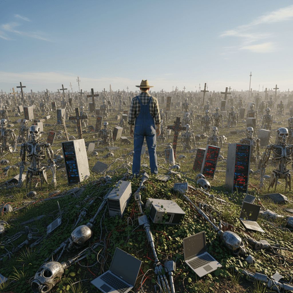 A man standing at the graveyard of old devices