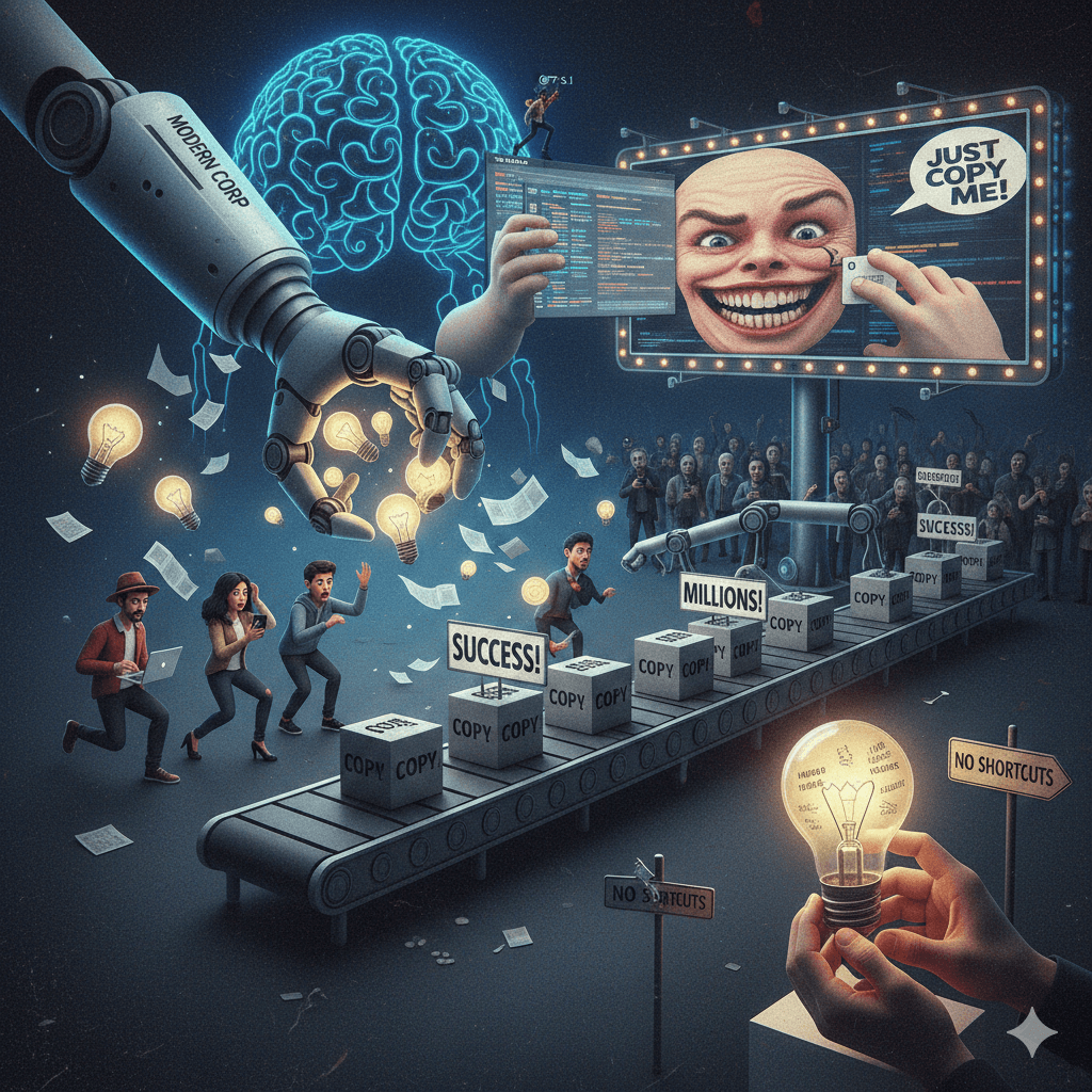 llustration showing how modern companies and creators mass-copy ideas using AI, with a robotic assembly line producing identical “success” boxes labelled COPY, a billboard saying “Just copy me”, and a warning sign “No shortcuts”, symbolising the illusion of easy success without original thinking or hard work