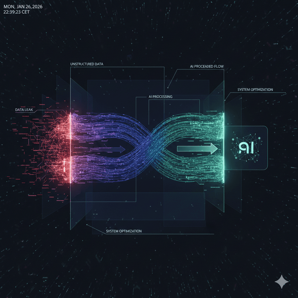 A complex system architecture diagram showing AI integration flows and automated business processes on a dark professional background